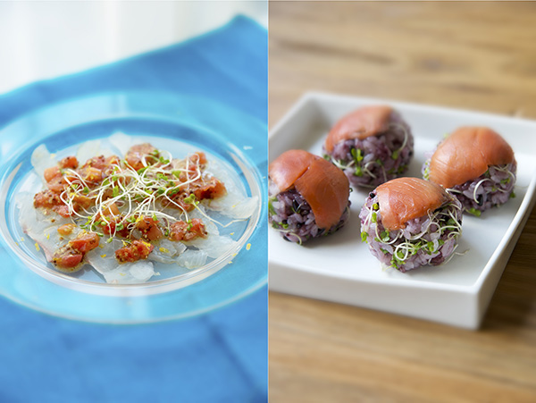 掲載メニューの一例。（左）鯛のカルパッチョ、（右）サーモンの手まり寿司。生の魚を使う料理はアンチAGEメニューの強い味方