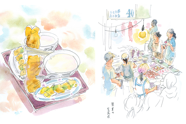 左）台湾の朝ご飯の定番。豆乳、油條(揚げパン)、卵クレープ。朝の景色を眺めながら、道端に置かれたテーブルで、ほのかに甘い豆乳に油條をひたして食べるそう。右）地元の人々で賑わう景美夜市で、行列ができる人気の豆花店。行ってみたい！
