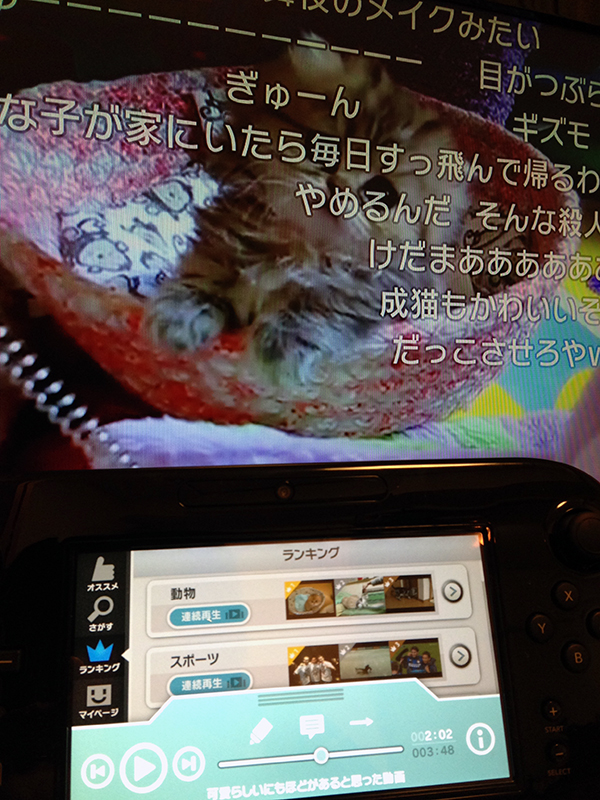 YouTubeやニコニコ動画では、テレビに動画を再生してWiiU GamePadで操作するという形になります。ニコニコ動画だと、動画再生中に次に再生したい動画を探したりすることもできます。