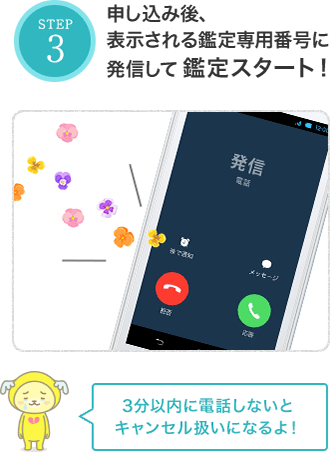 STEP3 申し込み後、表示される鑑定専用番号に発信して鑑定スタート!3分以内に電話しないとキャンセル扱いになるよ!