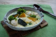 ササミと菜の花、カボチャのみそ豆乳シチュー
