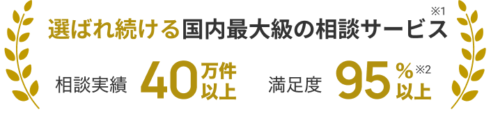 選ばれ続ける 国内最大級の相談サービス※1 相談実績40万件以上 満足度95%以上※2