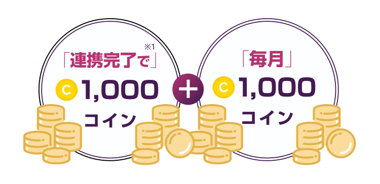 連携完了で1,000コイン＋毎月1,000コイン