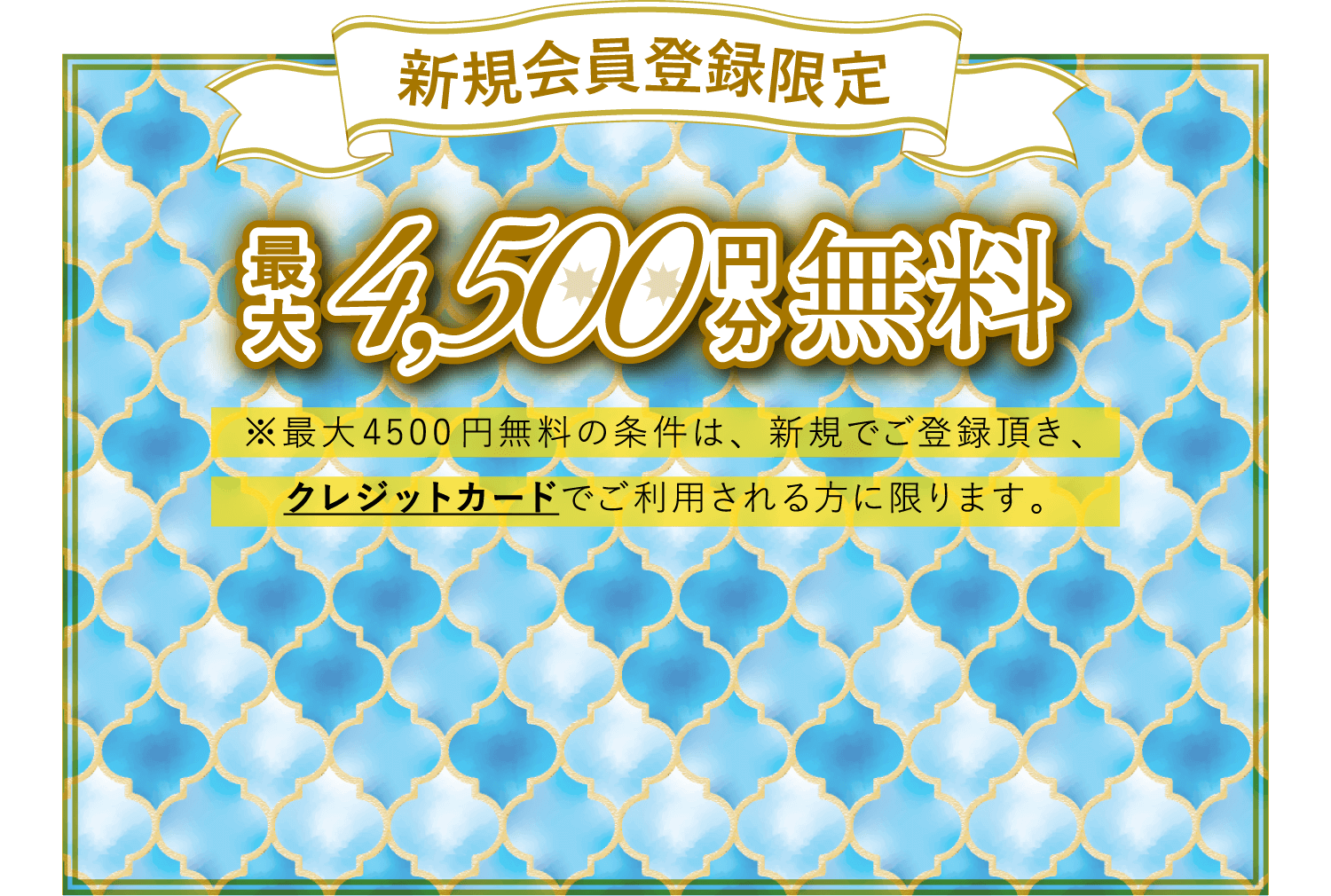 新規会員登録限定！最大4,500円分無料。※最大2500円無料の条件は、新規でご登録頂き、クレジットカードでご利用される方に限ります。