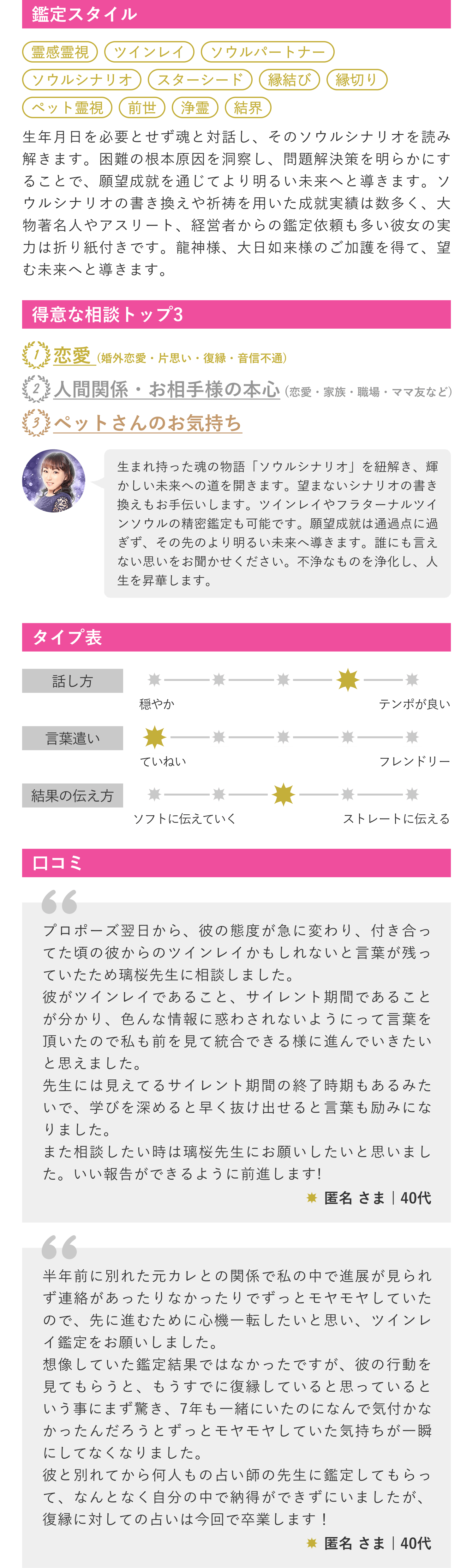 鑑定スタイル・得意な相談トップ3・タイプ表・口コミ