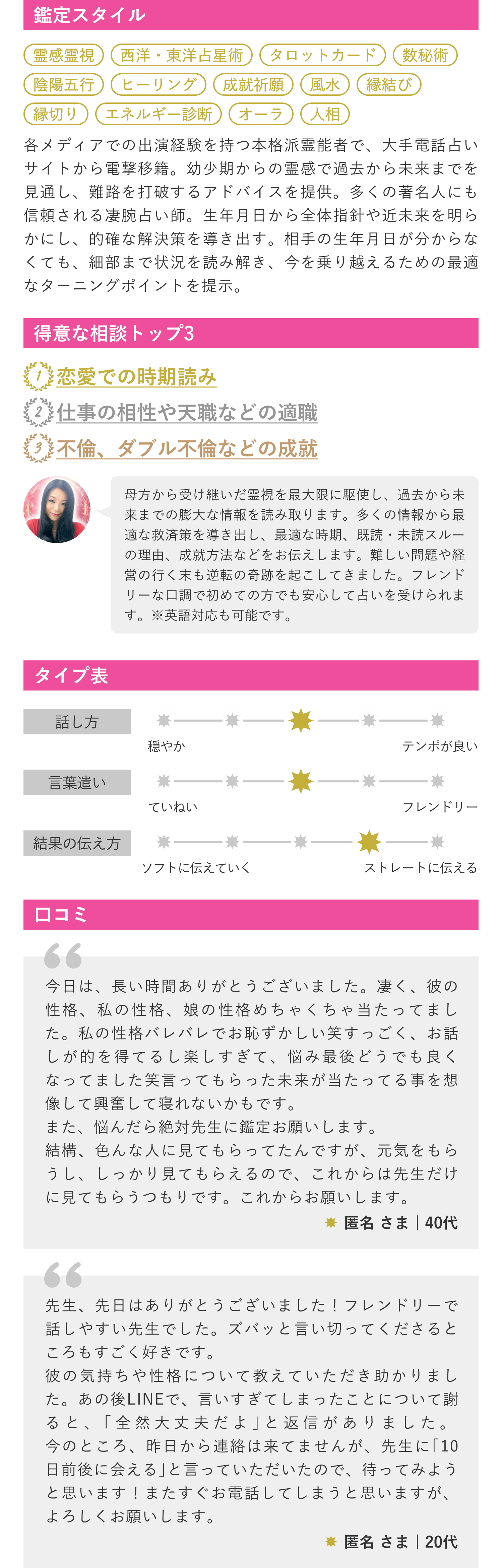 鑑定スタイル・得意な相談トップ3・タイプ表・口コミ